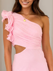 Soft Pink Chiffon Sheath/Column One Shoulder Ankle Length Bridesmaid Dresses