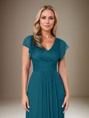 A Line Chiffon V Neck Short Sleeves Floor Length Mother of the Bride Dresses With Ruffles