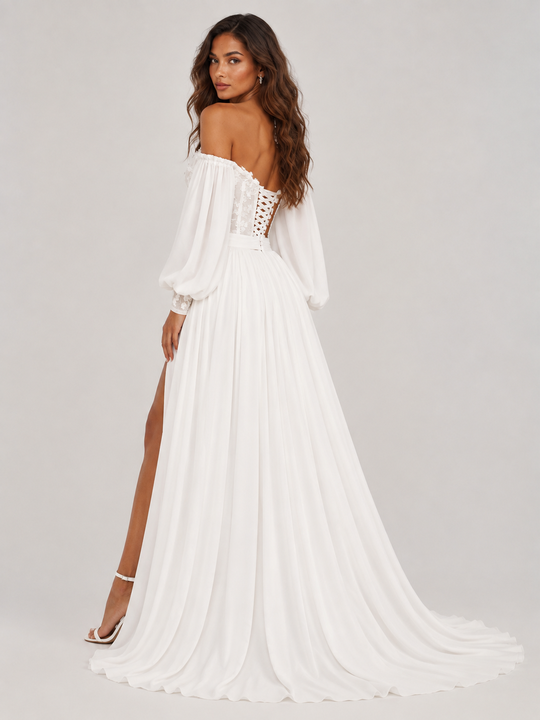 Elegant Off-the-Shoulder Lace Chiffon A-Line Wedding Dress with Bishop Sleeves, High Slit and Sweep Train