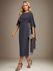 Sheath/Column Scoop Tea Length Chiffon Dress With Pleated Beading