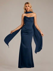 Navy Sheath/Column Satin Off The Shoulder Sleeveless Floor Length Dress