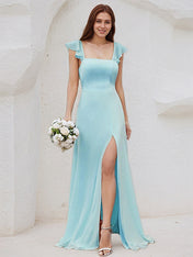 Sky Blue Chiffon A Line Square Neck Sleeveless Floor Length Bridesmaid Dress with Ruffle