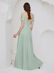 Sage Chiffon A Line V Neck Sleeveless Floor Length Pleated Bridesmaid Dress