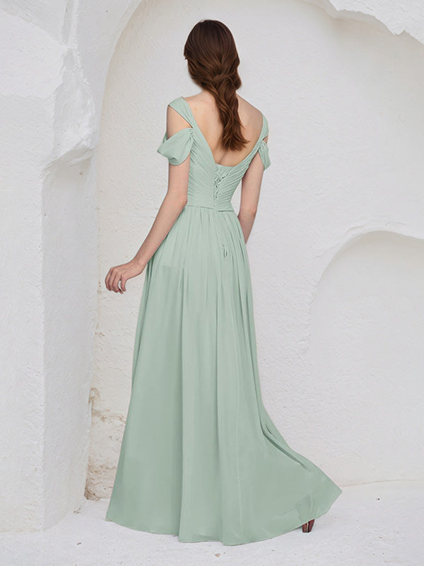 Sage Chiffon A Line V Neck Sleeveless Floor Length Pleated Bridesmaid Dress