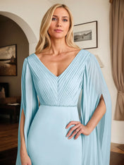 Sheath/Column Chiffon V Neck Long Sleeves Floor Length Dress