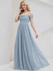 Dusty Blue Chiffon A Line Spaghetti Straps Sleeveless Floor Length Bridesmaid Dress