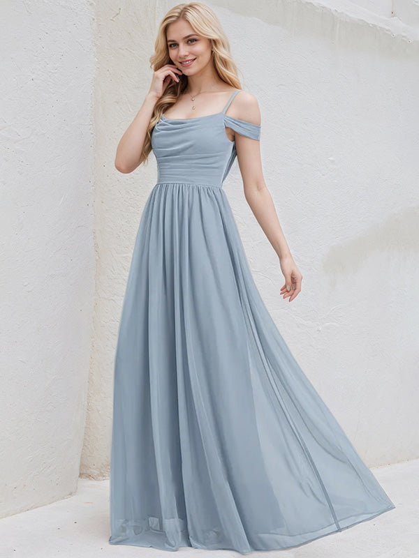 Dusty Blue Chiffon A Line Spaghetti Straps Sleeveless Floor Length Bridesmaid Dress