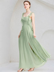Mint Green Chiffon A Line Square Neck Sleeveless Floor Length Bridesmaid Dress with Ruffle