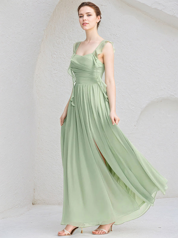 Mint Green Chiffon A Line Square Neck Sleeveless Floor Length Bridesmaid Dress with Ruffle