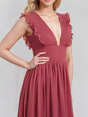 Cinnamon Rose Chiffon A Line V Neck Sleeveless Floor Length Bridesmaid Dress