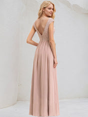 Dusty Rose A-Line V-Neck Floor-Length Lace Chiffon Bridesmaid Dress