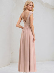 Dusty Rose A-Line V-Neck Floor-Length Lace Chiffon Bridesmaid Dress