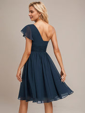 Dark Navy A-Line One Shoulder Knee-Length Chiffon Bridesmaid Dress With Ruffle