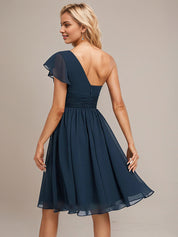 Dark Navy A-Line One Shoulder Knee-Length Chiffon Bridesmaid Dress With Ruffle