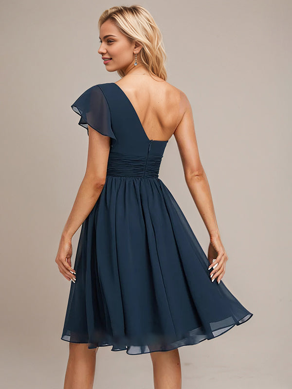 Dark Navy A-Line One Shoulder Knee-Length Chiffon Bridesmaid Dress With Ruffle