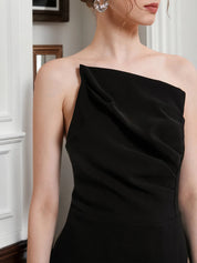 Black Ruched Strapless Sleeveless A-Line Midi Dress