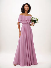 Wisteria A-Line Chiffon Ruffles Off-The-Shoulder Sleeveless Floor-Length Bridesmaid Dresses