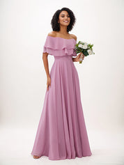Wisteria A-Line Chiffon Ruffles Off-The-Shoulder Sleeveless Floor-Length Bridesmaid Dresses
