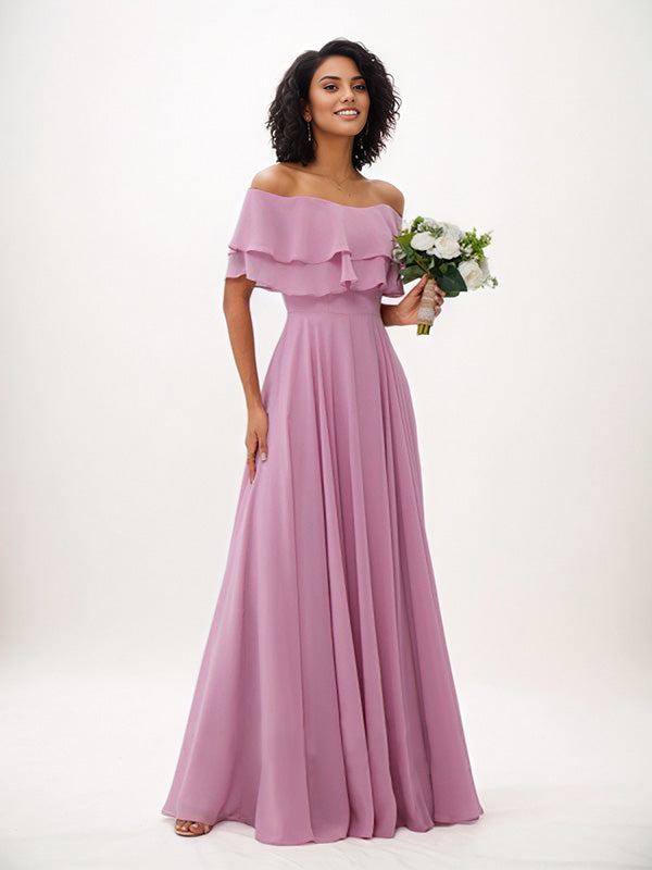 Wisteria A-Line Chiffon Ruffles Off-The-Shoulder Sleeveless Floor-Length Bridesmaid Dresses