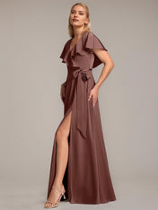 A Line Satin V Neck Short Sleeves Floor Length Dresses With Ruffles