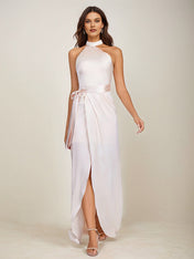 Blushing Pink Satin Sheath/Column Halter Neck Floor Length Sleeveless Bridesmaid Dress