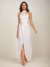 Blushing Pink Satin Sheath/Column Halter Neck Floor Length Sleeveless Bridesmaid Dress