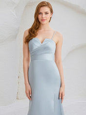 Ice Blue Satin A Line Spaghetti Straps Sleeveless Floor Length Bridesmaid Dress