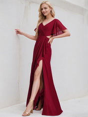 Burgundy Chiffon A Line V Neck Short Sleeves Floor Length Bridesmaid Dress With Ruffle