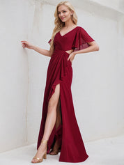 Burgundy Chiffon A Line V Neck Short Sleeves Floor Length Bridesmaid Dress With Ruffle