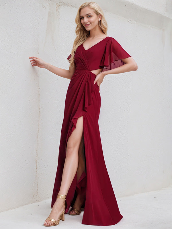 Burgundy Chiffon A Line V Neck Short Sleeves Floor Length Bridesmaid Dress With Ruffle