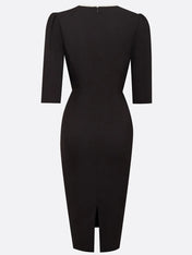 Black Imitation Pearls V Neck Sheath Midi Dress