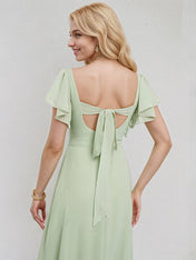 Celadon Chiffon A Line V Neck Short Sleeves Floor Length Bridesmaid Dress With Ruffle