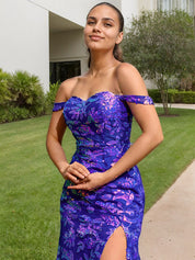 Royal Blue Sheath Off the Shoulder Long Sequined Prom Dress With Slit