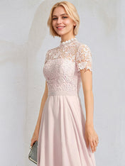 Blushing Pink A-Line High Neck Floor-Length Lace Chiffon Bridesmaid Dresses