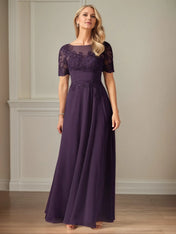 A Line Chiffon Scoop Neck Short Sleeves Floor Length Dress