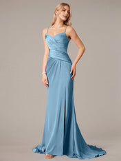 Steel Blue Sheath/Column Satin Spaghetti Straps Sleeveless Floor Length Dresses