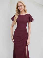 Cabernet Chiffon A Line Boat Neck Ruffle Sleeves Floor Length Bridesmaid Dress