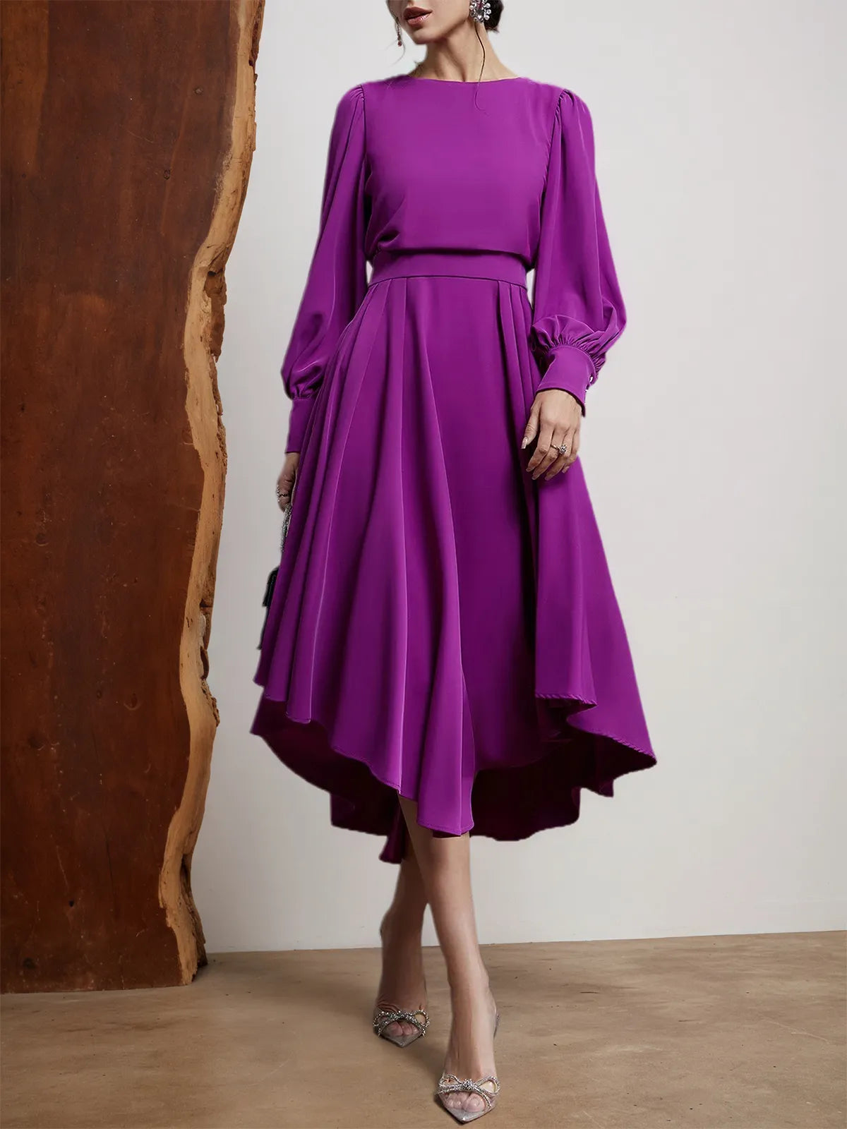 Dreamylily Women Rose Red Asymmetric Boat Neck Long Balloon Sleeve A-Line Midi Dress Dreamylily Women Rose Red Asymmetric Boat Neck Long Balloon Sleeve A-Line Midi Dress