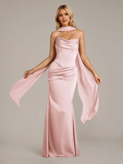 Pink Sheath/Column Satin Off The Shoulder Sleeveless Floor Length Dress