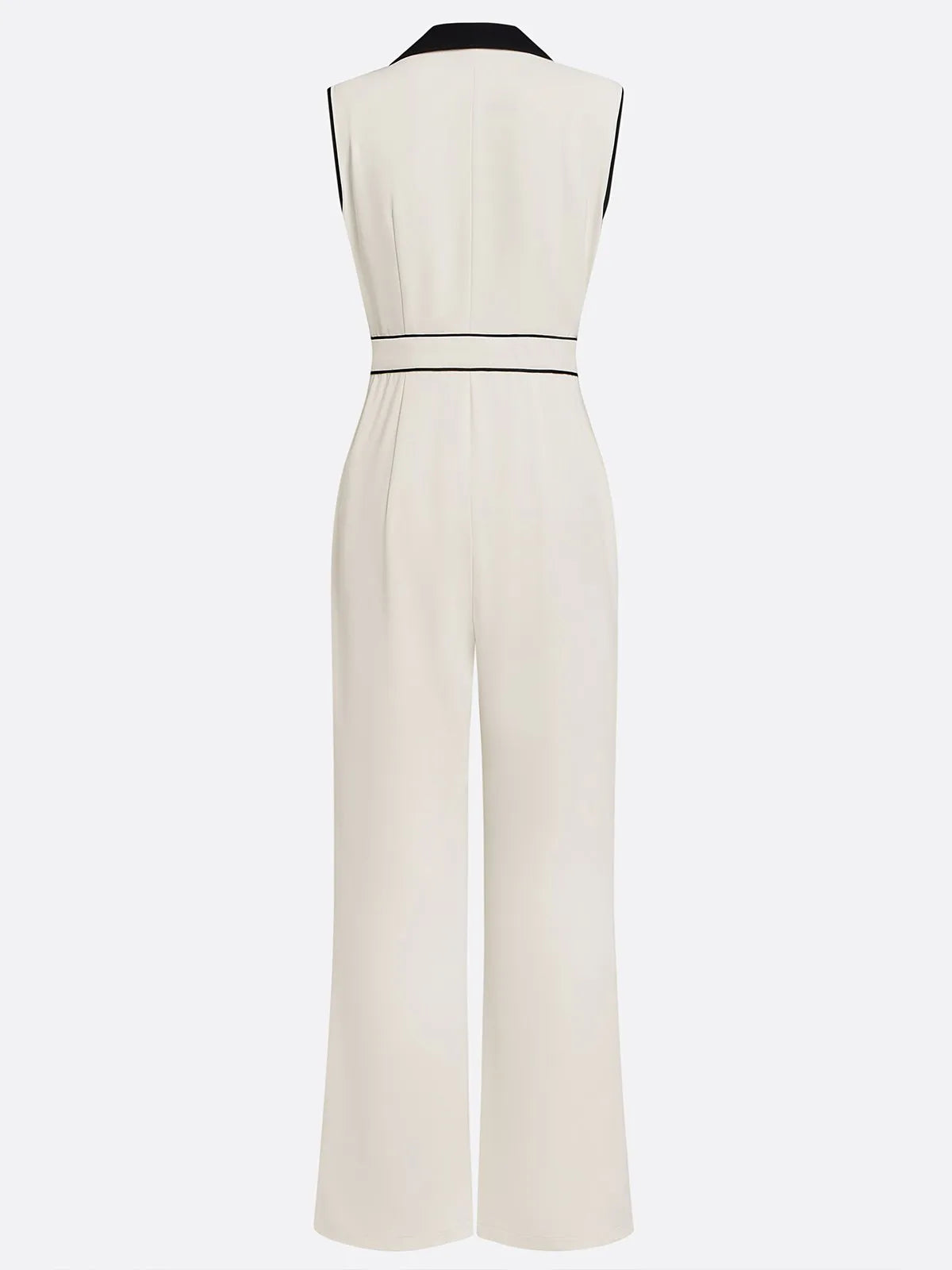 Women Off White Buckle Lapel Collar Sleeveless Dressy Jumpsuit
