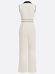 Women Off White Buckle Lapel Collar Sleeveless Dressy Jumpsuit