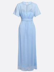 Light Blue Ruched Chiffon Crew Neck Short Sleeve A-Line Maxi Dress