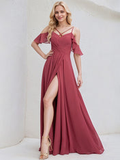 Cinnamon Rose Chiffon A Line Spaghetti Straps Floor Length Bridesmaid Dress
