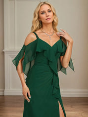 Sheath/Column Cold Shoulder V-Neck Floor-Length Chiffon Dress With Cascading Ruffles Sequins Beading