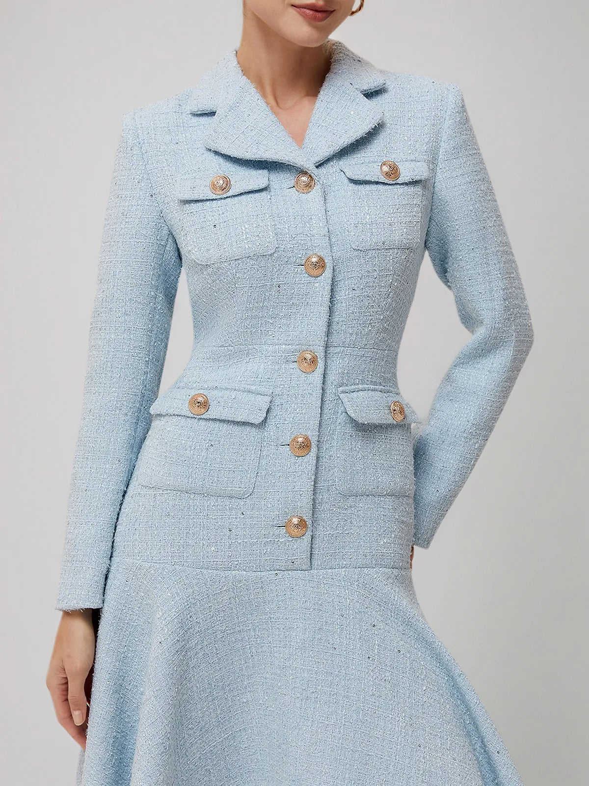Light Blue Lapel Collar Pocket A-Line Midi Tweed Blazer Dress