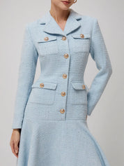 Light Blue Lapel Collar Pocket A-Line Midi Tweed Blazer Dress