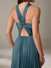 Robe de travail semi-formelle verte sans manches à volants, robe midi ajustée