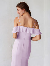 Lilac Chiffon Sheath/Column Spaghetti Straps Sleeveless Floor Length Bridesmaid Dress With Ruffle