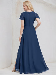 Navy Blue Chiffon A Line V Neck Asymmetrical Bridesmaid Dress With Ruffle