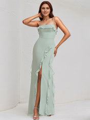 Agave Chiffon A Line Spaghetti Straps Sleeveless Floor Length Bridesmaid Dress With Ruffle